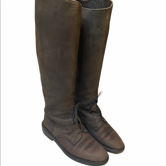 CHANEL CC Logo Leather Knee High Riding Boots - Picture 3 of 12